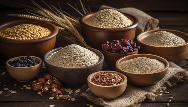 Organic wholegrain cereal plant in wooden bowl generated by AI