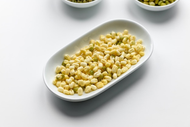 Organics fresh Baby Green Bean Sprouts in white ceramic bowl on a dark concrete background