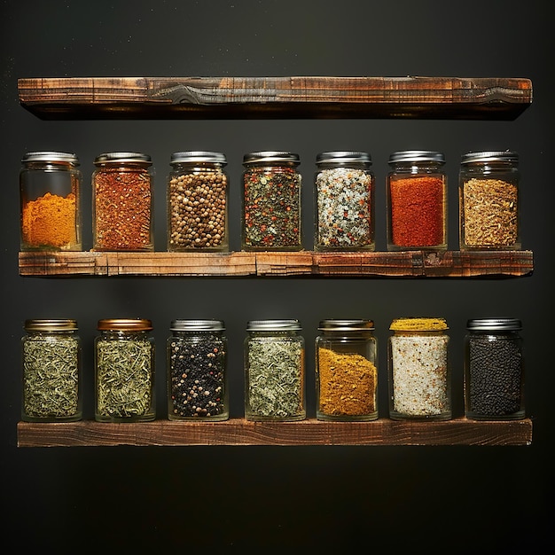 Photo organised spice jars on wooden shelf