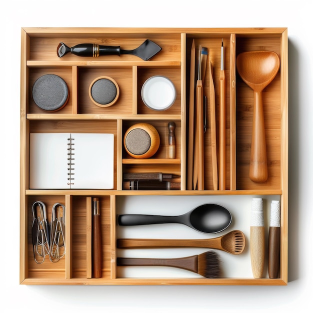 Photo organized bamboo kitchen drawer with various utensils and tools for cooking and baking