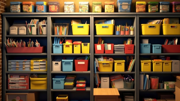 An organized classroom supply closet with bins Created with Generative AI technology