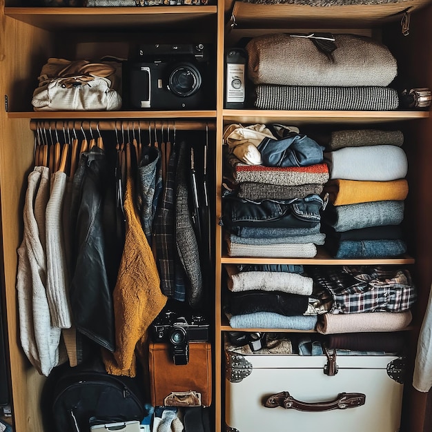 Photo organized closet with folded clothes a camera and a suitcase