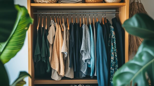 Photo organized clothing displayed inside wooden wardrobe with green plants nearby