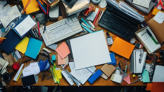 Organized Desk with Colorful Papers