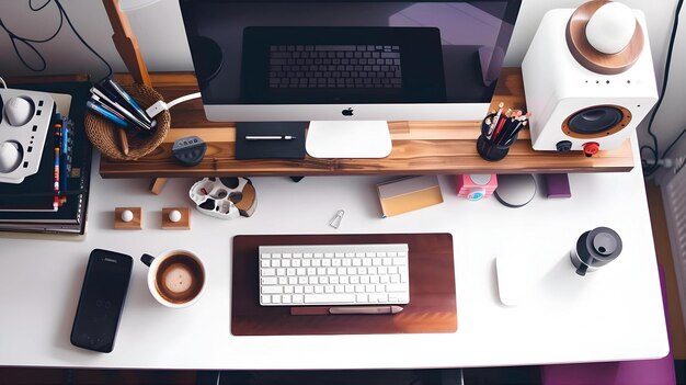 An Organized Desk With Computer Monitor Keyboard And Office Supplies