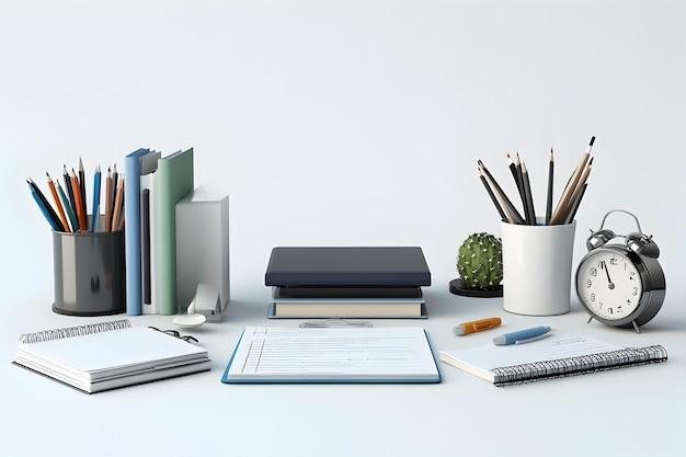 Organized Desk with Homework Assignments and Office Supplies on White Background