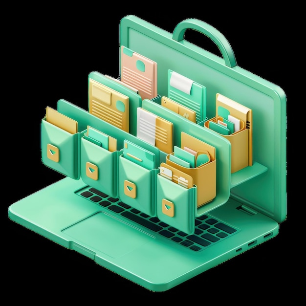 Photo organized digital files stacked inside a green laptop