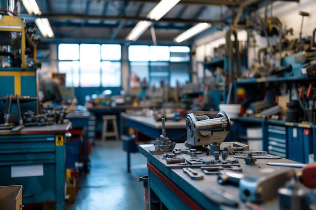 Organized Engine Repair Shop with Tools and Engine Components for Mechanical Work and Maintenance