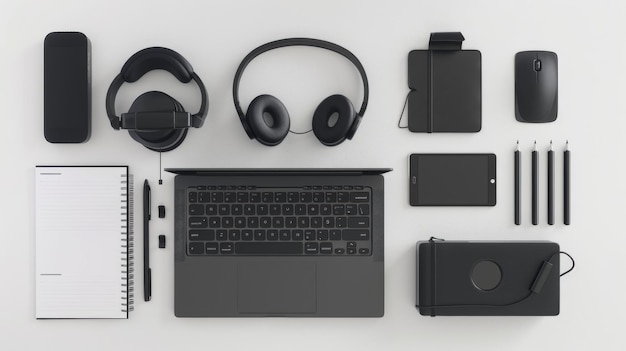 Photo organized flat lay of modern black tech gadgets and stationery on a white table showcasing minimalist and streamlined aesthetics