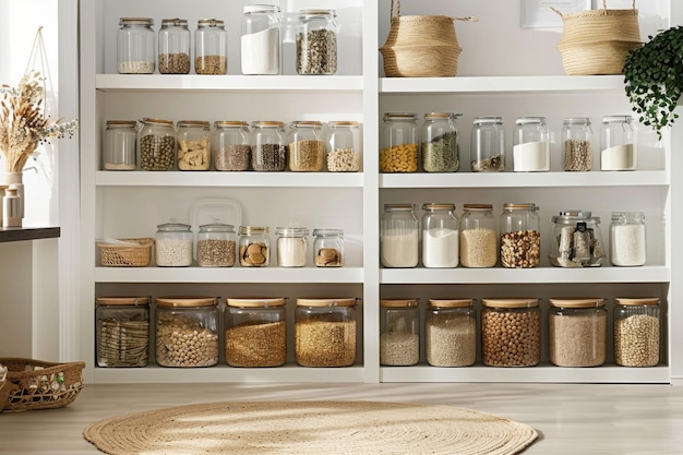 Organized kitchen pantry with neatly labeled jars and storage baskets in a bright modern setting