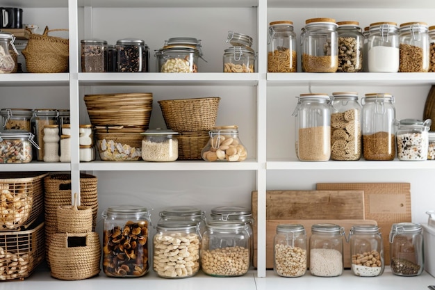 Photo organized kitchen shelves filled with jars of grains nuts and dried fruits in a modern design