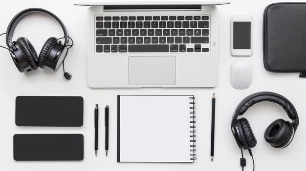 An organized layout of tech accessories and stationery showcasing a laptop at the center surrounded by headphones pens and a notebook