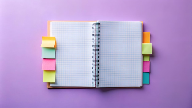 Organized Learning Open Notebook with Colorful Sticky Tabs on a Purple Background Ideal for NoteT