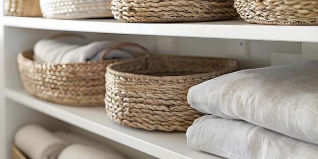 Organized Linen Closet Shelves with EcoFriendly Straw Baskets An Efficient Storage Solution Concept Linen Closet Organization Straw Baskets EcoFriendly Storage Solutions Efficient