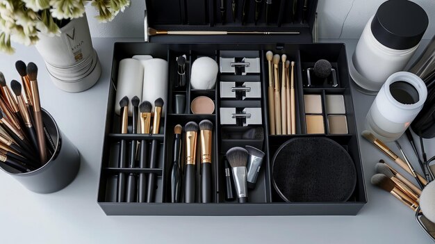 Photo organized makeup brushes in a black case