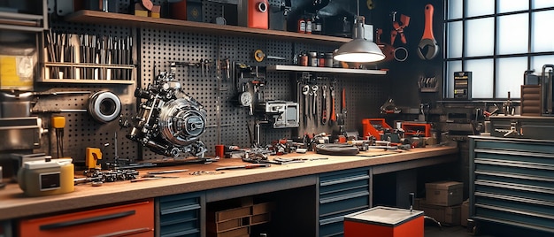 Organized Mechanics Workbench with Tools and Equipment