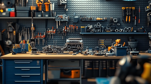 Organized Mechanics Workbench with Tools and Equipment