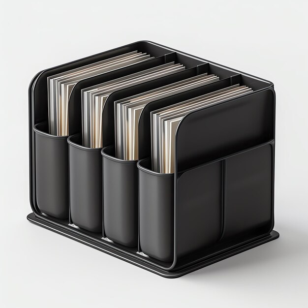 Photo organized office desk with a black file organizer holding documents in individual slots against a white background