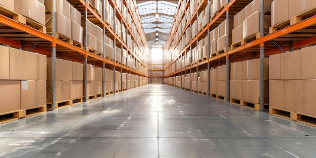 Organized pallet storage in contemporary warehouse interior with shelves for logistics Concept Warehouse Organization Pallet Storage Contemporary Interior Logistics Shelves