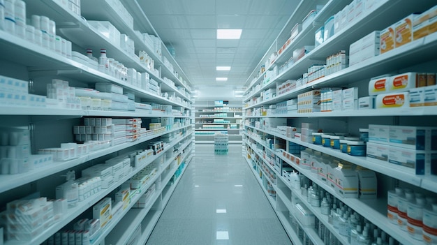 Organized Pharmacy Shelves Displaying Various Medications