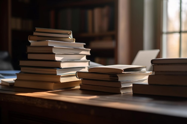 Organized pile of books on a desk with a laptop Elearning concept