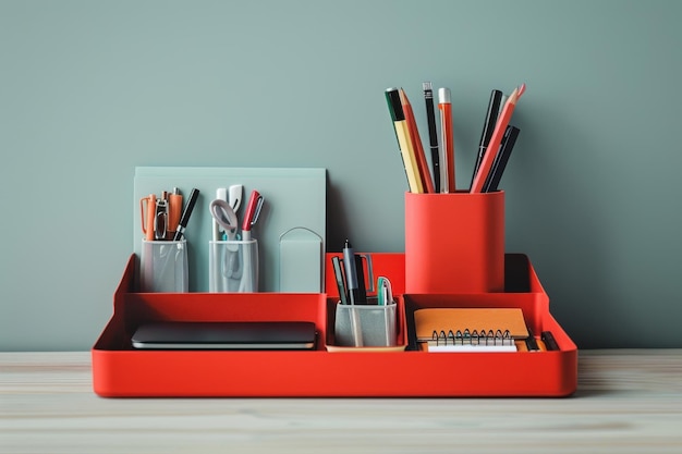 Organized red desktop tray with stationery items including pens notebooks and a