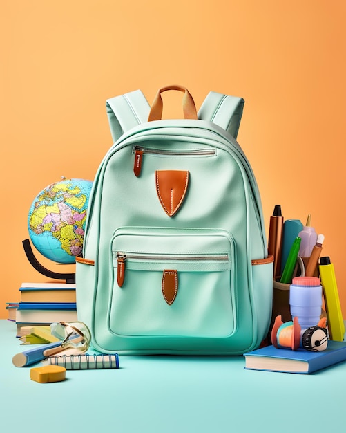 Organized school backpack on a cheerful pastel background