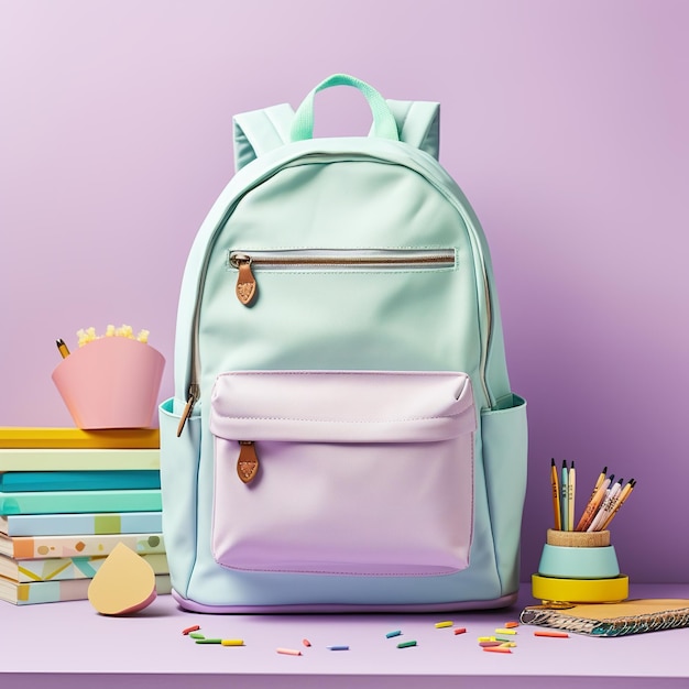 Organized school backpack on a cheerful pastel background