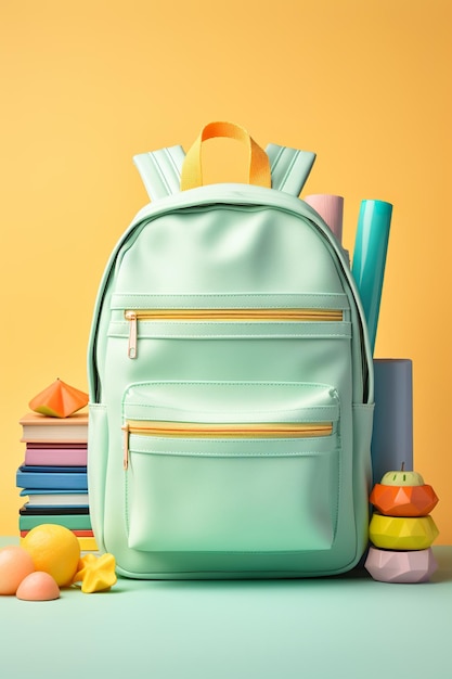 Organized school backpack on a cheerful pastel background