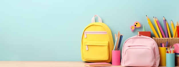 Organized school backpack on a cheerful pastel background