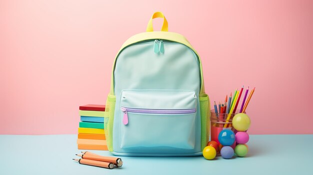 Organized school backpack on a cheerful pastel background