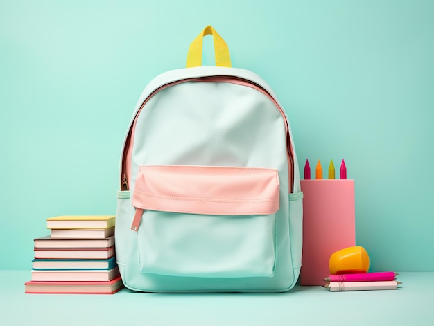 Organized school backpack on a cheerful pastel background