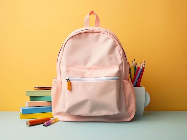 Organized school backpack on a cheerful pastel background