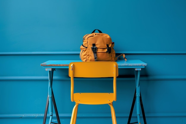 Photo organized school desk setup with chair and backpack