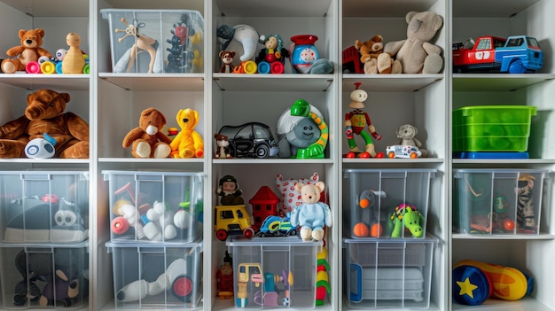 Photo an organized shelf filled with colorful toys showcasing an array of stuffed animals plastic figures and toy vehicles neatly arranged in clear bins