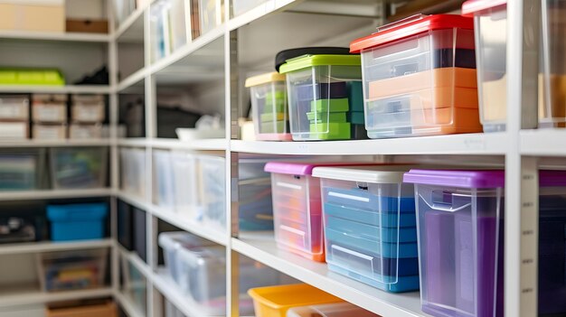 Photo organized storage room with clear containers and colorcoded labels