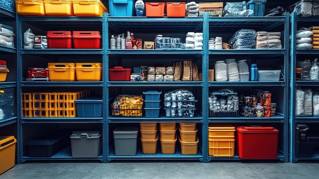 Photo organized storage shelves filled with various containers and supplies