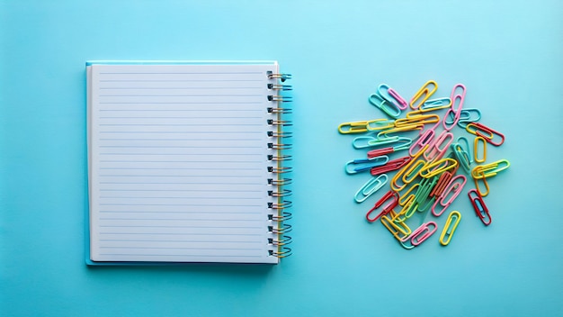 Organized Study Open Notebook with Colorful Paperclips on a Light Blue Background Ideal for School