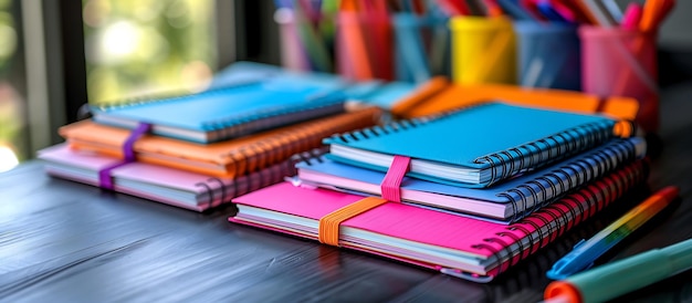 Organized study space with vibrant new notebooks and clean tools