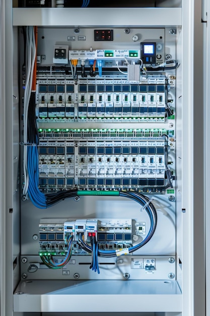 Photo organized white electric switchboard with neat wires