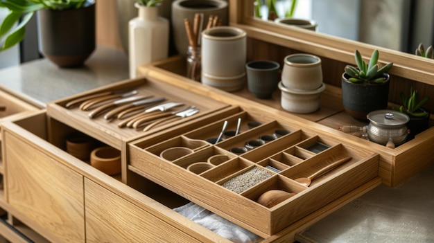 An organized wooden drawer displaying utensils ceramics and various kitchen tools for efficient and stylish kitchen management