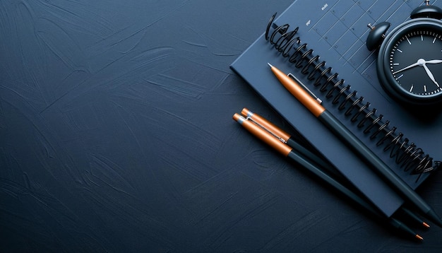 Organized Workspace with Black Notebook Orange Tipped Pens and Classic Black Alarm Clock on Dark