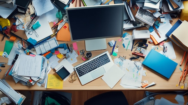 Photo organized workspace with computer and papers on desk