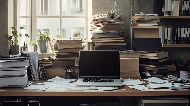 Photo organized workspace with laptop on wooden desk