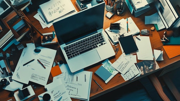 Organized Workspace with Laptop on Wooden Desk