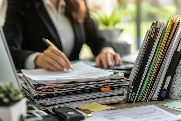 Organizing files on desk government office employee focuses intently