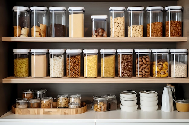 Organizing zero waste storage in the kitchen Pasta and cereals in reusable glass containers