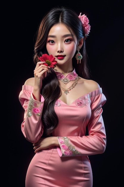 Oriental Chinese beauty traditional classic beautiful girl wearing cheongsam holding rose flower