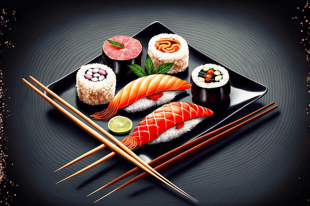 Oriental cuisine sushi set with fish and seafood