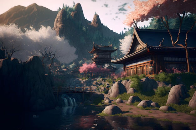 Oriental landscape with japanese traditional building close to river and cloudy mountains in time